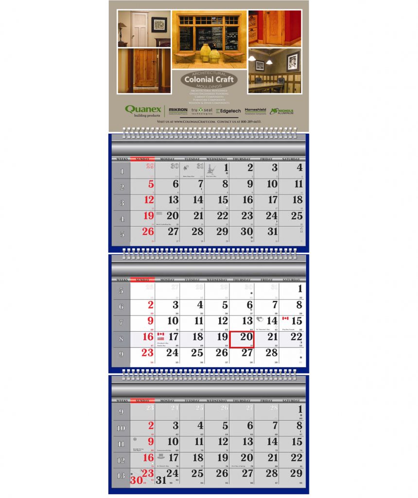 Buy Business Promotional Three Month Panel Wire Wall Calendars